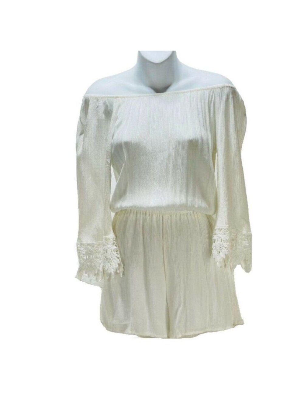 White Off-Shoulder Long Sleeve Romper With Lace Cuffs By Vigoss XS